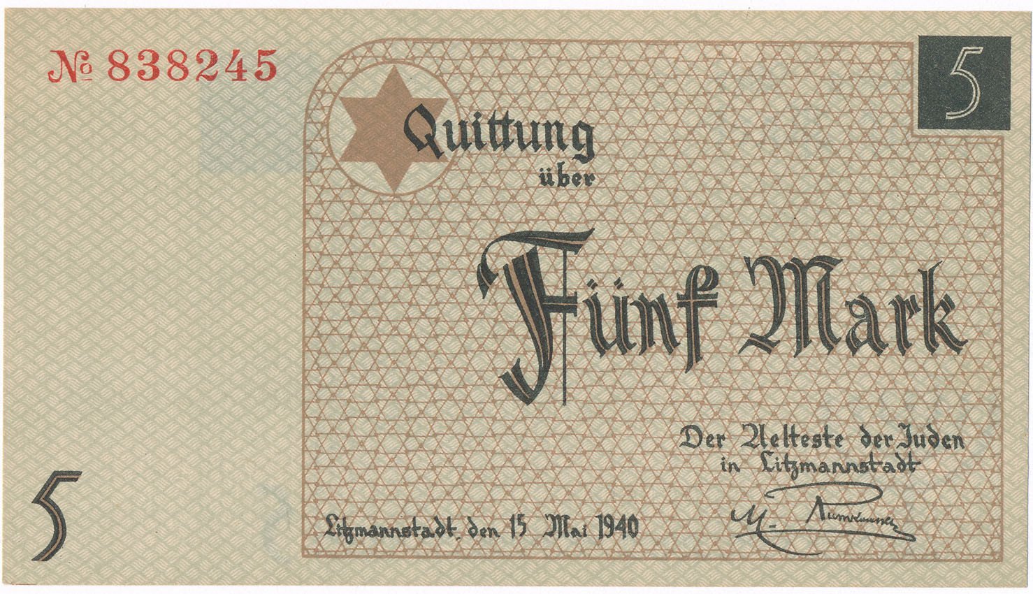 Getto Łódź. Banknot 5 marek 1940